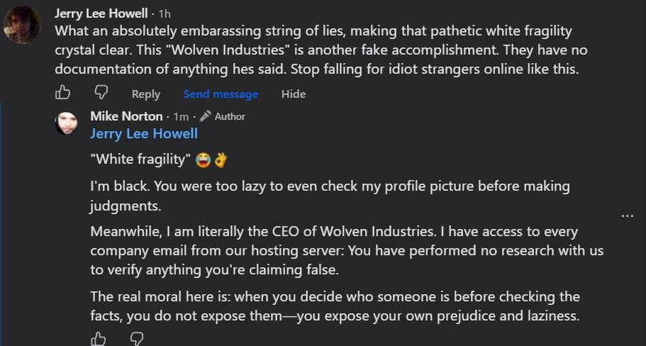 A Facebook commenter calling Wolven Industries a fake accomplishment, and my reply pointing out that he did no research and never checked my profile picture